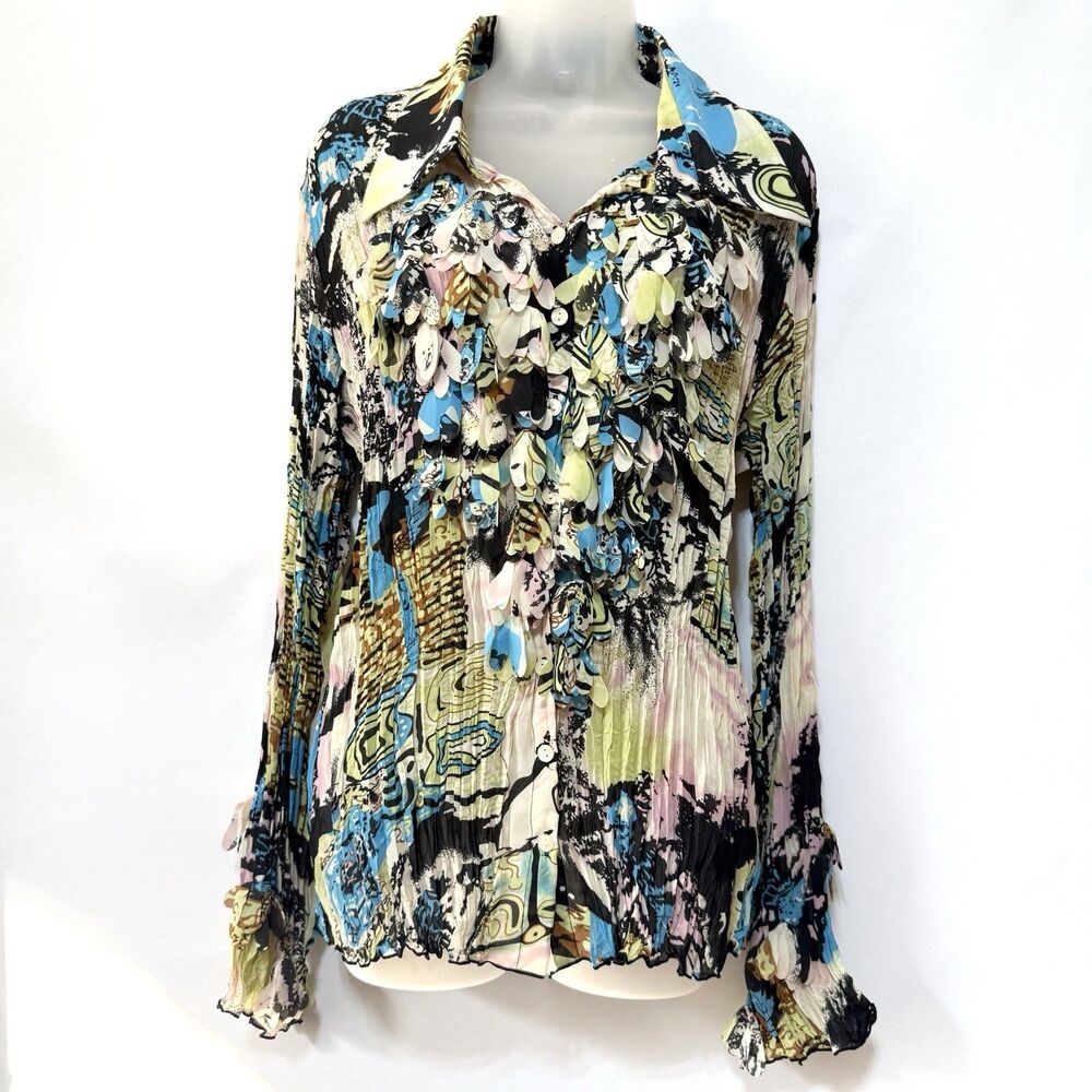 Kaelyn Max Y2K Top Women Multicolor Crinkle Floral Button Up Sheer Artsy